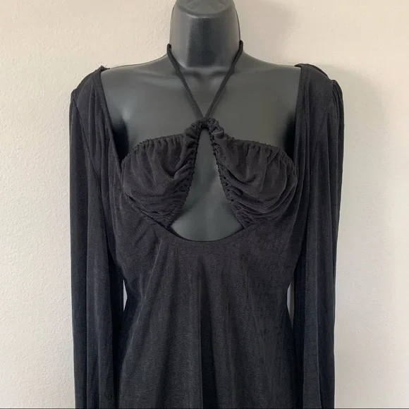 Princess Polly Celine Black Long Puff Sleeve Cut out Tie Neck Mini Dress - Picture 4 of 10